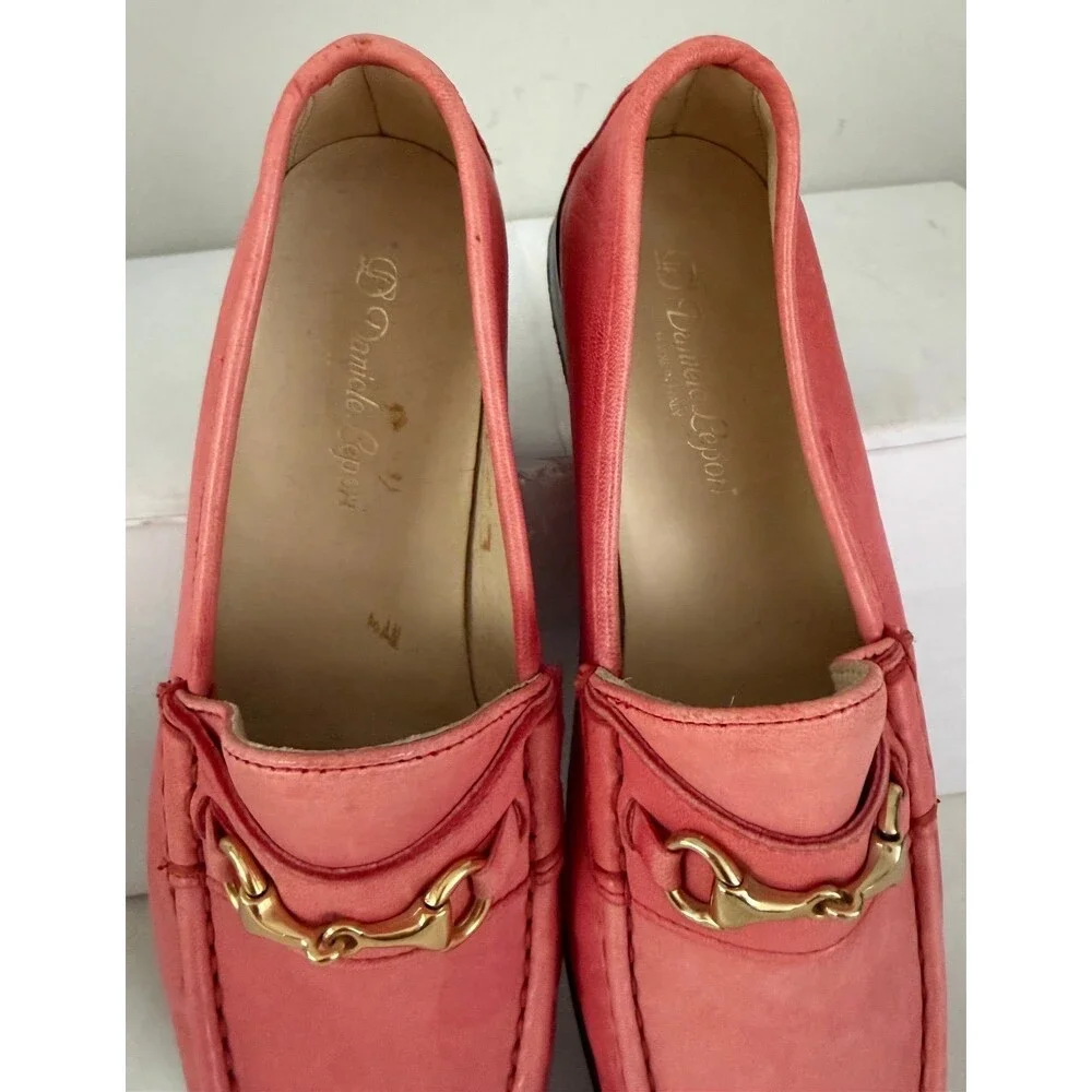 Daniele Lepori Women's Pink Leather Slip-On Loafer Flats Round Toe Logo EU 38